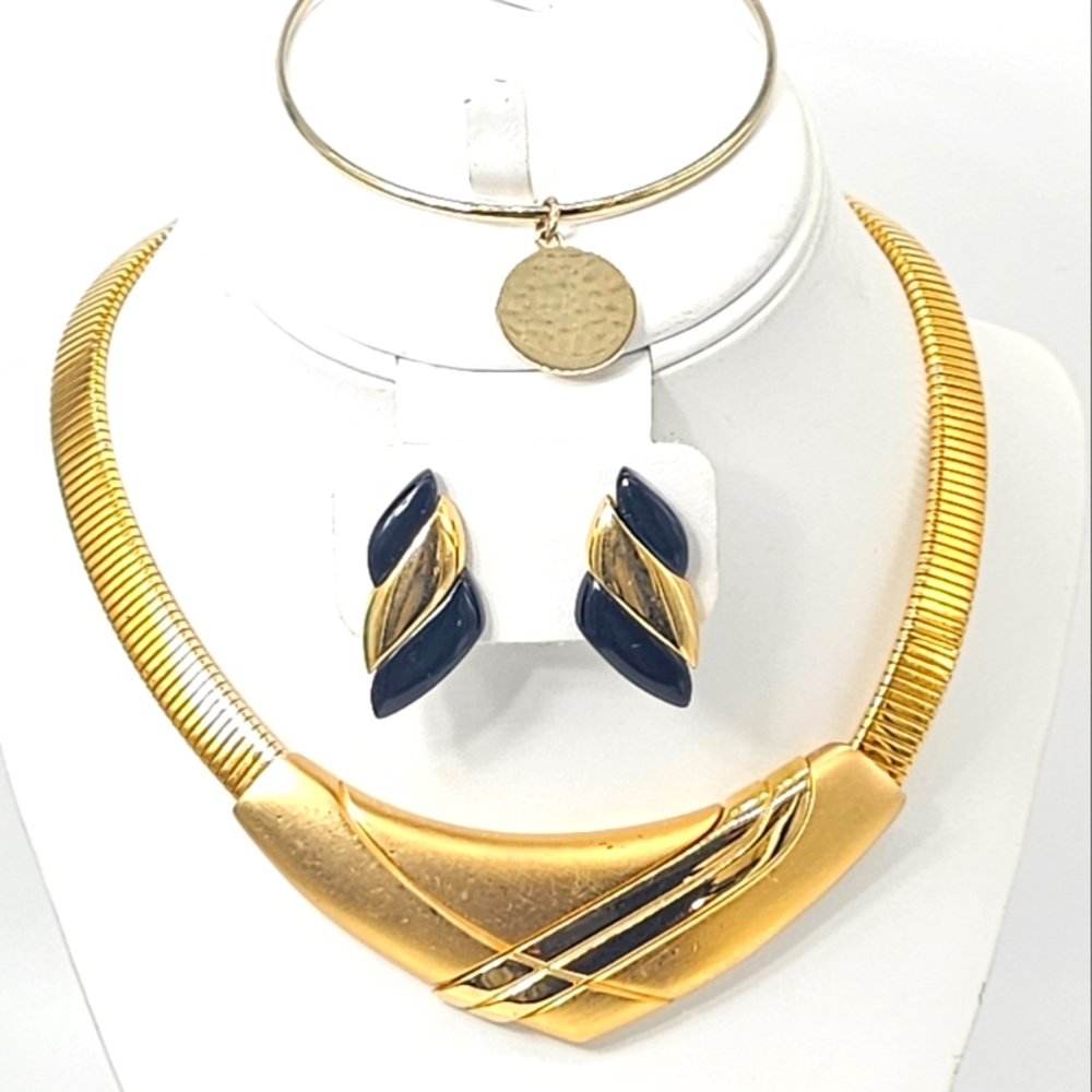 Vintage Napier Gold Tone Necklace Enamel Post Earrings Bracelet Bangle Pendant